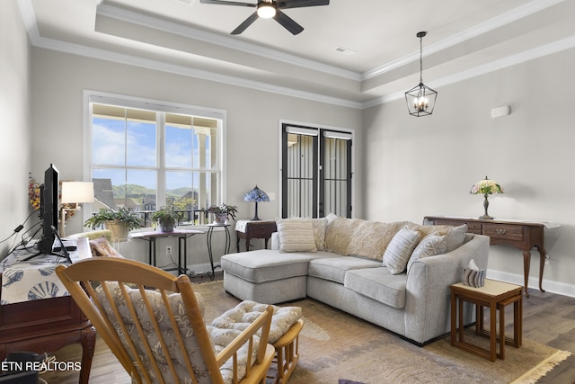 2718 Vista Meadows Ln, Sevierville, TN 37876 - living area with a ceiling fan, wood finished floors, baseboards, ornamental molding, and a tray ceiling