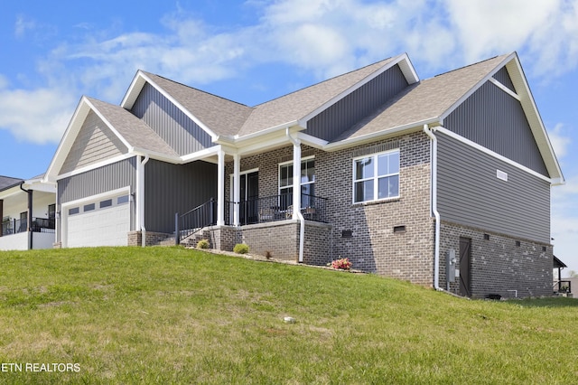 2718 Vista Meadows Ln, Sevierville, TN 37876 - view of front of property with a garage, a front yard, roof with shingles, brick siding, and a porch