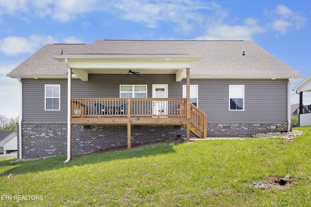 2718 Vista Meadows Ln, Sevierville, TN 37876 - back of property with a wooden deck, roof with shingles, stairs, crawl space, and a lawn