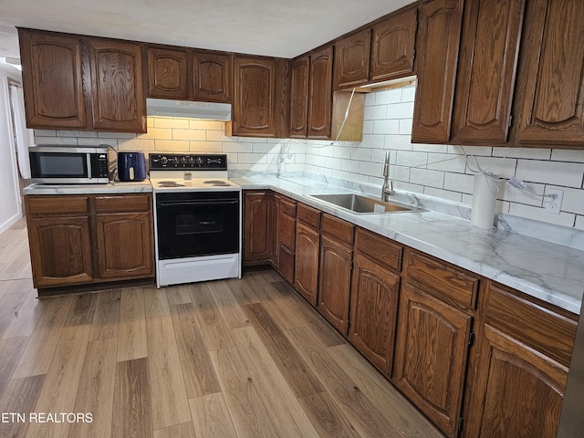 1009 Roysden Rd, Jamestown, TN 38556 - kitchen with stainless steel microwave, light wood-style flooring, a sink, electric range oven, and ventilation hood