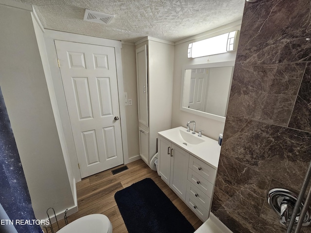 1009 Roysden Rd, Jamestown, TN 38556 - bathroom featuring a textured ceiling, wood finished floors, vanity, and visible vents