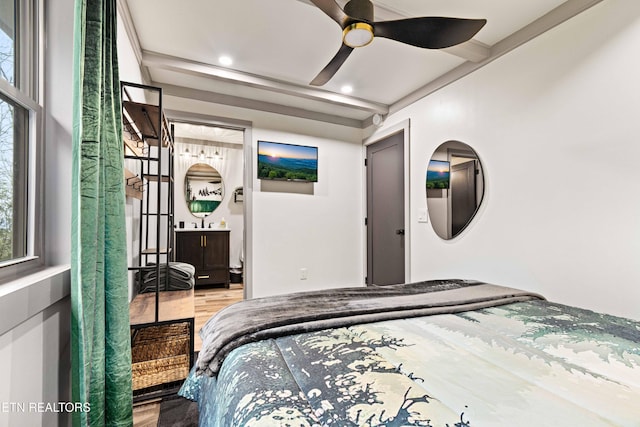 bedroom featuring ensuite bath, a ceiling fan, wood finished floors, and recessed lighting