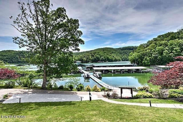 exterior space with a lawn, a boat dock, a water view, and a forest view