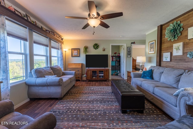 living room with a textured ceiling, baseboards, a ceiling fan, and wood finished floors