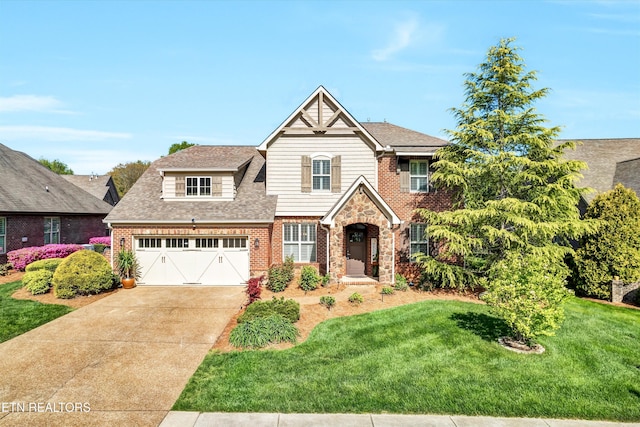 view of front of property featuring concrete driveway, a front yard, brick siding, and a shingled roof