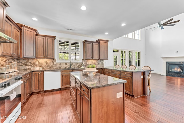 kitchen featuring a peninsula, a ceiling fan, a kitchen island, dishwasher, and open floor plan