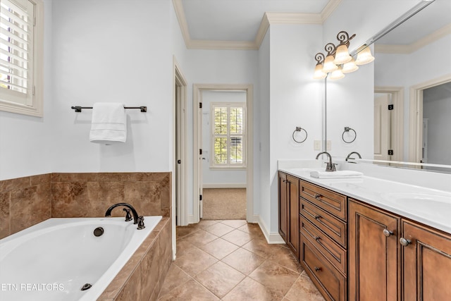 full bath featuring a bath, a sink, ornamental molding, double vanity, and tile patterned flooring