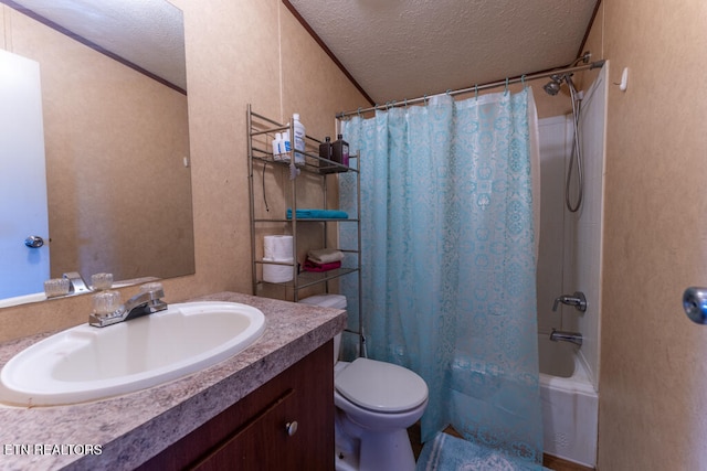 full bathroom with a textured ceiling, shower / bathtub combination with curtain, vanity, toilet, and a textured wall