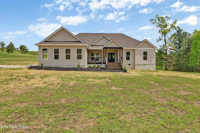 craftsman house with crawl space, a front yard, and roof with shingles