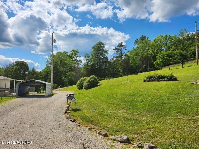 view of home's community with a detached carport, a yard, and gravel driveway