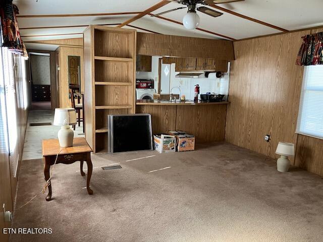 carpeted living area with vaulted ceiling, a ceiling fan, wood walls, washer / dryer, and a sink