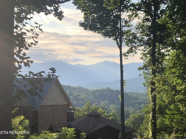 mountain view featuring a forest view