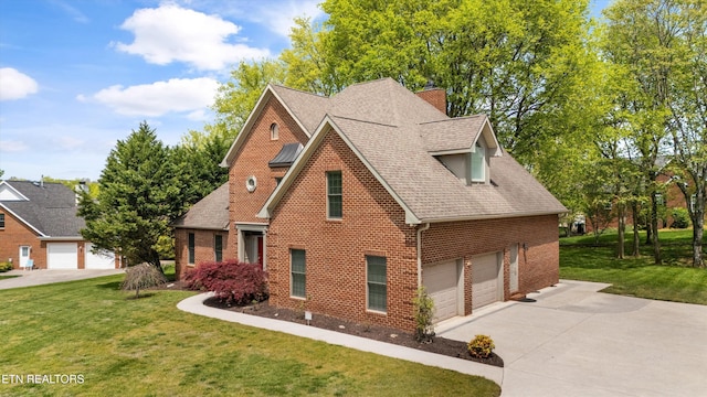 traditional home with concrete driveway, a front lawn, brick siding, and a shingled roof