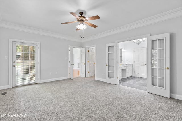 unfurnished bedroom featuring french doors, carpet flooring, access to exterior, baseboards, and ornamental molding