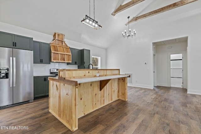 kitchen with high vaulted ceiling, dark wood finished floors, decorative backsplash, stainless steel refrigerator with ice dispenser, and beamed ceiling
