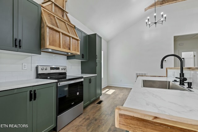 kitchen with visible vents, green cabinetry, stainless steel electric stove, tasteful backsplash, and a sink