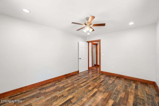 unfurnished room featuring ceiling fan, baseboards, wood finished floors, and recessed lighting