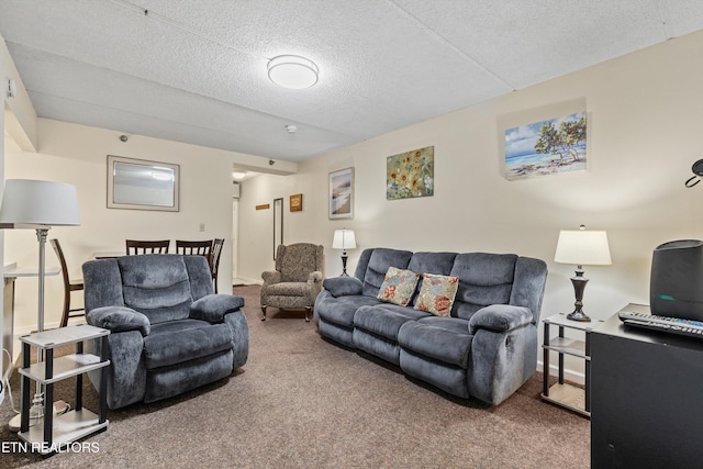 carpeted living room with a textured ceiling