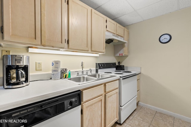 kitchen with under cabinet range hood, light countertops, light brown cabinets, a sink, and white appliances