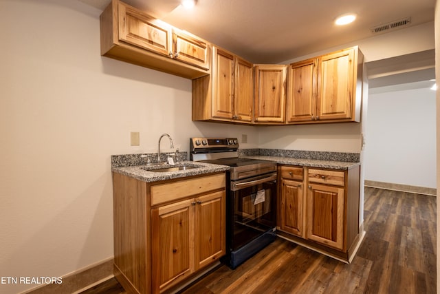 537 Wilson St, Newport, TN 37821 - kitchen featuring a sink, dark wood-style flooring, electric range, baseboards, and visible vents