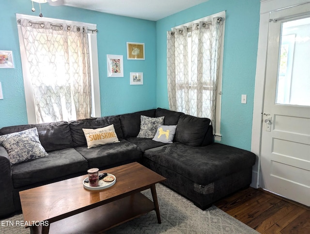living room with a textured wall and wood finished floors