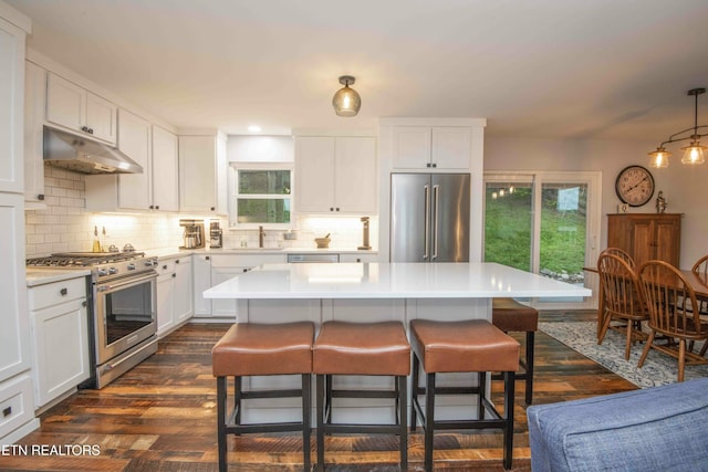 kitchen with a sink, high end appliances, light countertops, under cabinet range hood, and a breakfast bar area