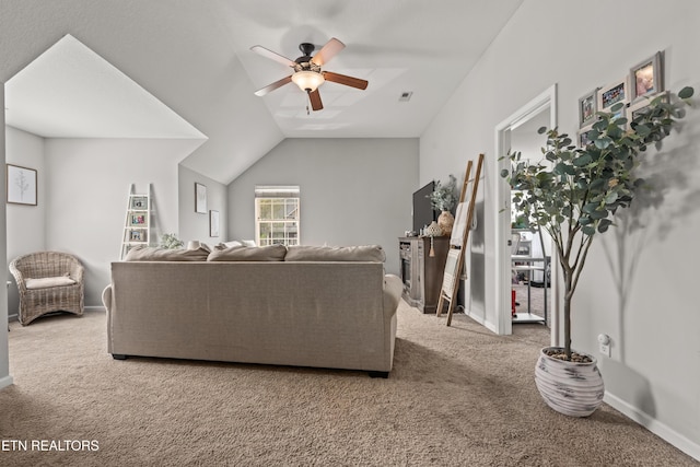 7300 Slippery Rock Ln, Knoxville, TN 37931 - carpeted living area with lofted ceiling, a ceiling fan, and baseboards