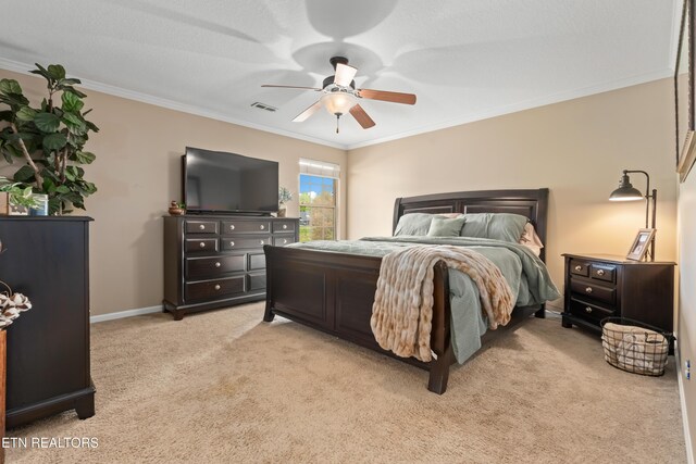 7300 Slippery Rock Ln, Knoxville, TN 37931 - bedroom with visible vents, a ceiling fan, ornamental molding, light carpet, and baseboards