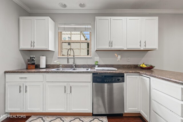 7300 Slippery Rock Ln, Knoxville, TN 37931 - kitchen with white cabinets, stainless steel dishwasher, ornamental molding, and a sink
