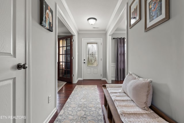 7300 Slippery Rock Ln, Knoxville, TN 37931 - doorway with baseboards, ornamental molding, dark wood-style flooring, and visible vents