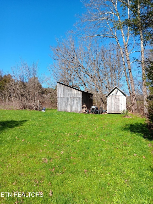 view of yard with a storage shed and an outbuilding