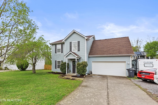 view of front of home featuring an attached garage, a shingled roof, a front lawn, and concrete driveway