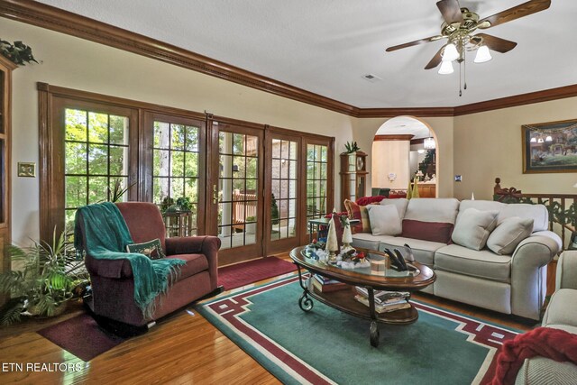 300 Lowe Rd, Huntsville, TN 37756 - living room with a healthy amount of sunlight, a ceiling fan, visible vents, arched walkways, and wood finished floors