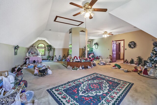 300 Lowe Rd, Huntsville, TN 37756 - rec room with vaulted ceiling, carpet floors, and a ceiling fan