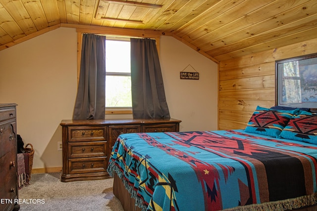 2025 Allardt Tinch Rd, Jamestown, TN 38556 - bedroom featuring carpet flooring, lofted ceiling, wooden ceiling, and wooden walls