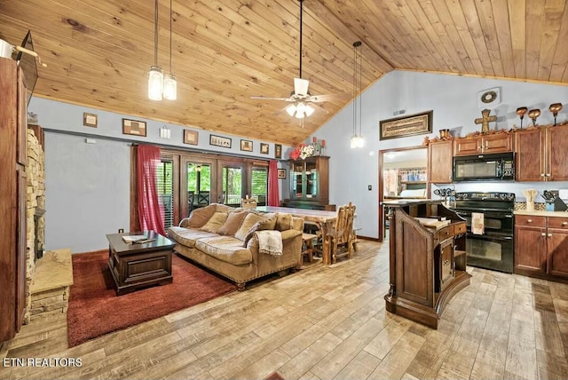 living room featuring high vaulted ceiling, light wood-type flooring, a ceiling fan, wood ceiling, and baseboards