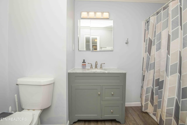 bathroom featuring toilet, a shower with shower curtain, vanity, and wood finished floors