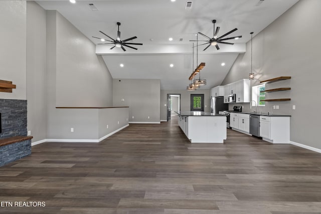 613 N St, Newport, TN 37821 - kitchen featuring stainless steel appliances, high vaulted ceiling, dark countertops, a ceiling fan, and open floor plan