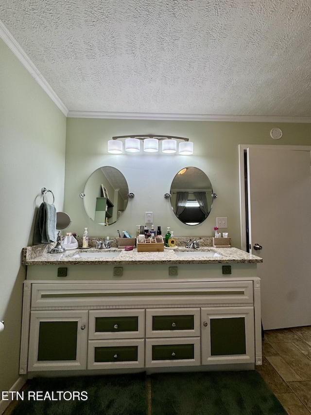 155 Oak Tree Ln, Sneedville, TN 37869 - bathroom featuring a sink, a textured ceiling, double vanity, and crown molding