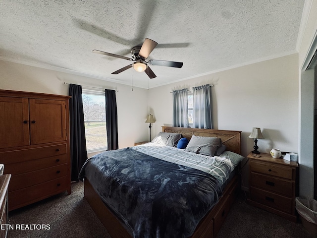 155 Oak Tree Ln, Sneedville, TN 37869 - bedroom with dark carpet, a ceiling fan, crown molding, and multiple windows