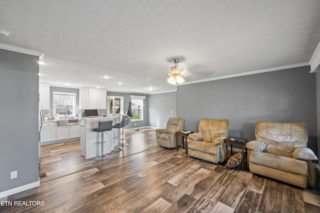 648 Old Douglas Dam Rd, Sevierville, TN 37876 - living room featuring wood finished floors, a textured ceiling, recessed lighting, crown molding, and baseboards
