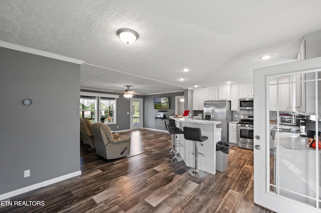 648 Old Douglas Dam Rd, Sevierville, TN 37876 - kitchen featuring ornamental molding, a kitchen bar, open floor plan, dark wood-type flooring, and stainless steel appliances