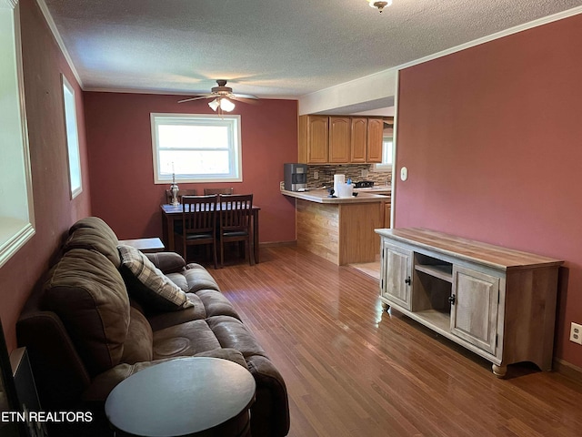 430 Buell Ln, Speedwell, TN 37870 - living area with wood finished floors, a textured ceiling, ceiling fan, and crown molding