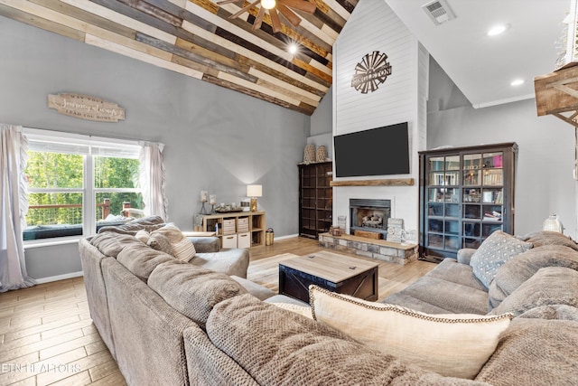 1842 Chapel Rd, Sevierville, TN 37876 - living area featuring wood finished floors, high vaulted ceiling, a fireplace, and visible vents