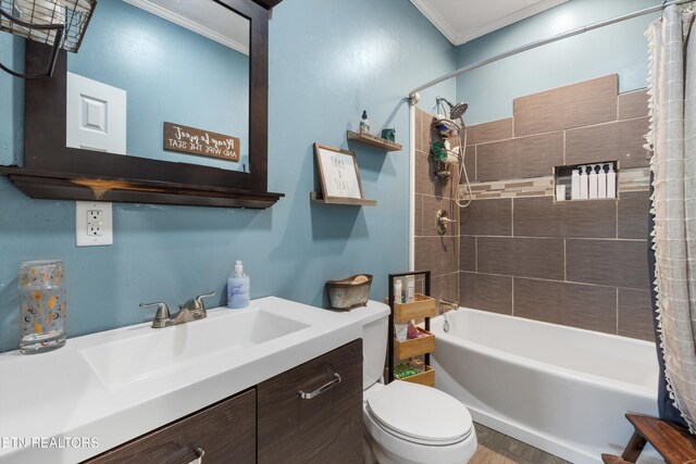 1842 Chapel Rd, Sevierville, TN 37876 - full bathroom with shower / tub combo, vanity, crown molding, toilet, and wood finished floors