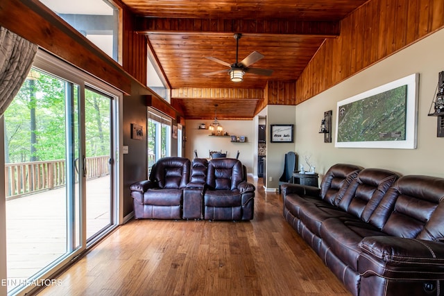 living area with wooden ceiling, hardwood / wood-style floors, vaulted ceiling, baseboards, and a ceiling fan
