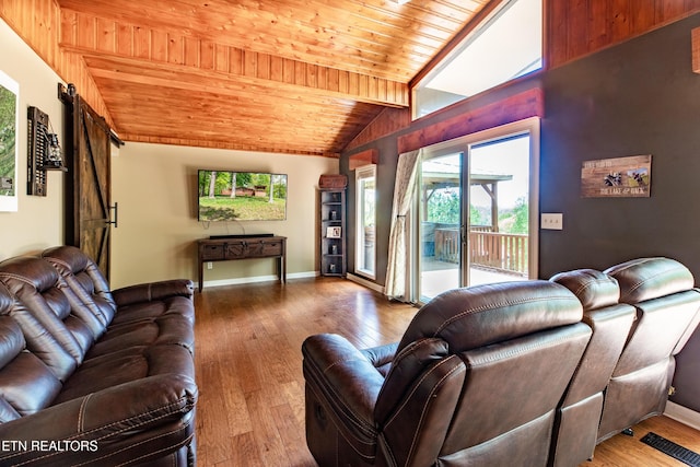living room featuring wood-type flooring, baseboards, vaulted ceiling with beams, and wooden ceiling