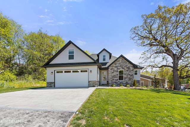 craftsman inspired home with stone siding, a front lawn, and driveway