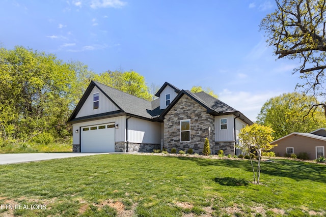 craftsman house with stone siding, driveway, and a front yard