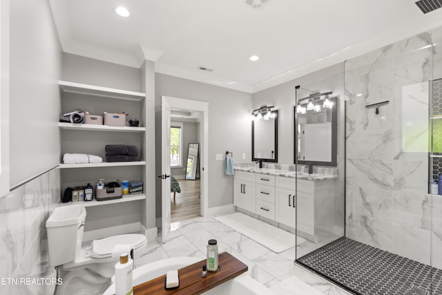 bathroom featuring recessed lighting, walk in shower, visible vents, and crown molding